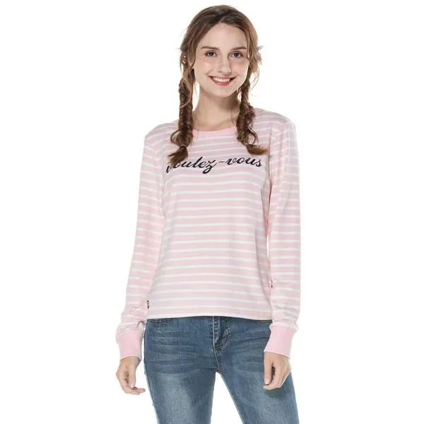 Women's Stripe Round Neck Sweatshirt S M L XL Pink Navy Grey